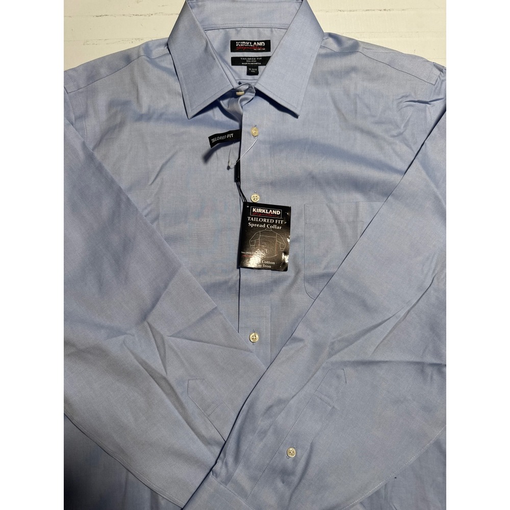 Kirkland Dress‎ Shirt Mens XXL Blue Tailored Fit Non-Iron Cotton Spread Collar